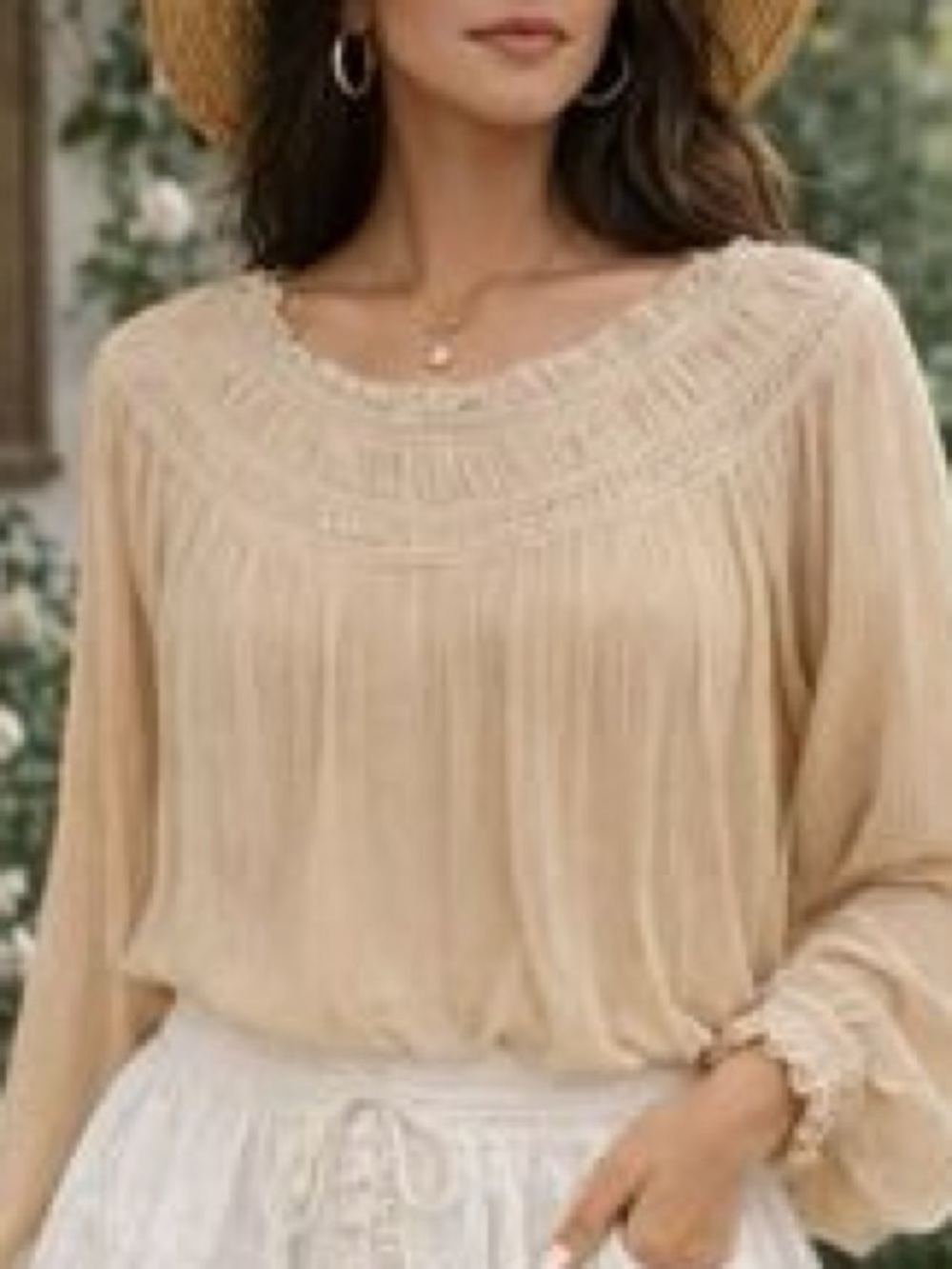 Kimchi Blue Soft Beige Sheer Long Sleeve Blouse